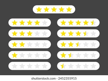 Product rating or customer review with gold stars set collection. Graphic symbol flat design interface illustration elements for app ui ux web banner button vector isolated on black background