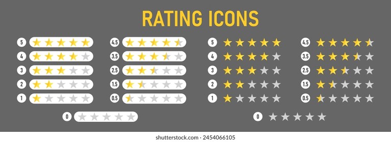 Product rating or customer review with gold stars and half star flat vector icons for apps and websites. Vector graphics svg