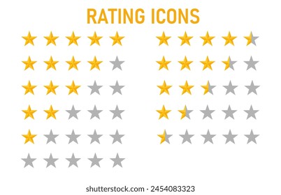 Product rating or customer review with gold stars and half star flat vector icons for apps and websites. Vector graphics svg