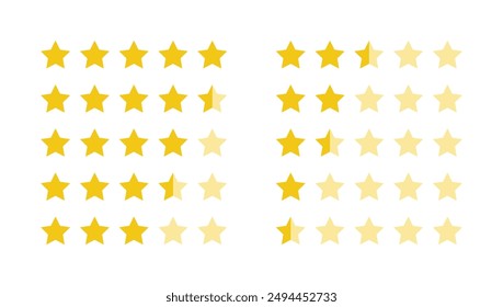 Product rating or customer review with gold stars set collection. Graphic symbol flat design interface illustration elements for app ui ux web banner button vector isolated on white background