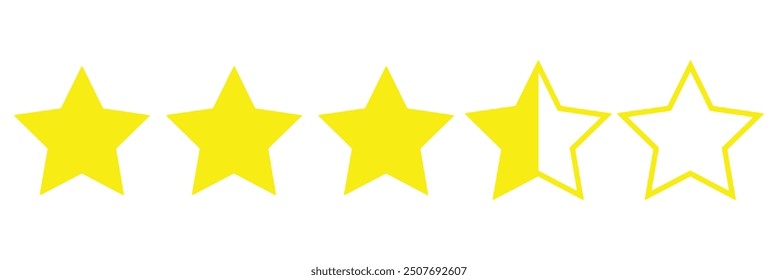 Product rating or customer review with gold stars and half star, 3.5rating stars on white background.