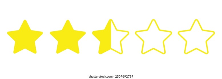 Product rating or customer review with gold stars and half star, 2.5rating stars on white background.