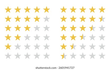 Product rating or customer review with gold stars and half star flat vector icons for apps and websites. Big set stars.	