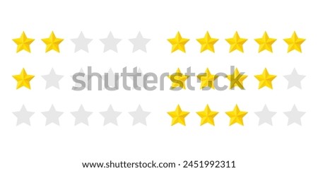 Product rating or customer review with gold stars set collection. Graphic symbol flat design interface illustration elements for app ui ux web banner button vector isolated on white background