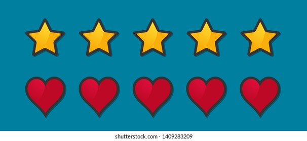 Product Rating Icons - Stars And Hearts Vector Icons - Isolated On Monochrome Background