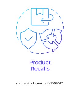 Das Produkt ruft das blaue Farbverlaufskonzept-Symbol auf. Art der umgekehrten Logistik. Fehlerhafte Produkte zurückgeben. Qualitätskontrolle. Runde Liniendarstellung. Abstrakte Idee. Grafikdesign. Einfach in Artikel zu verwenden