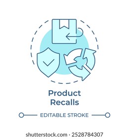 Das Produkt erinnert an das Symbol für das weiche blaue Konzept. Art der umgekehrten Logistik. Fehlerhafte Produkte zurückgeben. Qualitätskontrolle. Runde Liniendarstellung. Abstrakte Idee. Grafikdesign. Einfach in Artikel zu verwenden