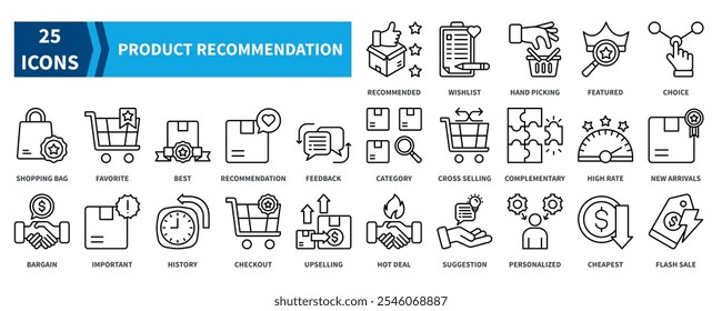 Product Recommendation icon collection set. Containing recommended, wishlist, featured, choice, favorite, best, recommendation, new arrivals, hot deal, flash sale icon. Simple black outline vector.