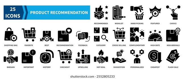 Conjunto de colecciones de iconos de recomendaciones de Producto. Contiene recomendado, lista de deseos, destacado, elección, favorito, mejor, recomendación, nuevas llegadas, hot deal, icono de venta flash. Vector de relleno negro simple.