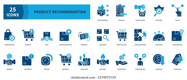 Product Recommendation Icon Collection Set. Containing recommended, featured, choice, favorite, best, recommendation, new arrivals, hot deal, flash sale Icon. Simple Flat Vector. Blue Color Style