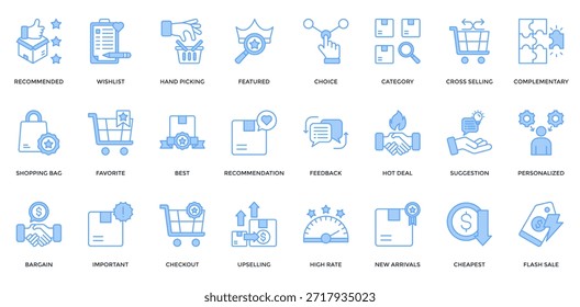 Product Recommendation icon set. Containing recommended, wish list, featured, choice, favorite, best, recommendation, new arrivals, hot deal, flash sale icon. Lineal blue style