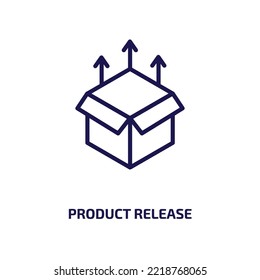 icono de versión de producto de la colección general. Lanzamiento lineal delgado del producto, lanzamiento, icono de contorno del producto aislado en fondo blanco. Signo de lanzamiento de producto vectorial de línea, símbolo para web y móvil