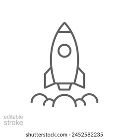 Product release icon. Simple outline style. Launch, rocket, begin, campaign, new, startup, start, fast, project, business concept. Thin line symbol. Vector illustration isolated. Editable stroke.
