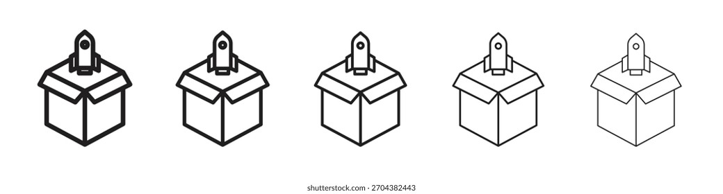 Product release iconBlack linear bold and thin strokes set