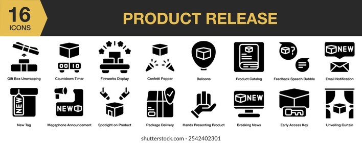 Product Release solid icon set. Includes spotlight, product catalog, package delivery, new tag, fireworks, and More. Solid icons vector collection.