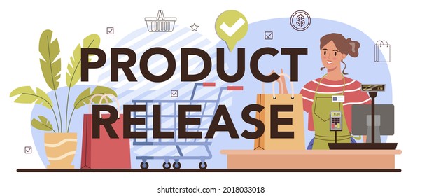 Encabezado tipográfico de la versión del producto. Proceso de actividades comerciales, desarrollo y lanzamiento de nuevos productos. Desarrollo empresarial. Emprender emprendedor. Ilustración vectorial plana
