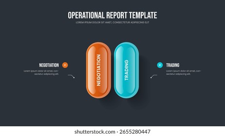 Producto Informe Diseño de presentación de infografía de 2 pasos. Consultoría Visualización Presentación de diapositivas Plantilla Ilustración vectorial. Estrategia moderna Diseño de diapositiva de diagrama de dos opciones.
