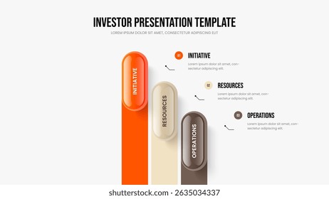 Product Report Slideshow Layout Vector Illustration. Investor Performance Three Element Diagram Presentation Template. Digital Overview 3 Step Infographic Frame Design.