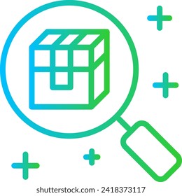 Produkt-Recherche-Produktentwicklung Symbol mit blauem und grünem Farbverlauf-Umriss-Stil. Forschung, Produkt, Analyse, Labor, Wissenschaft, Entwicklung, Wirtschaft. Vektorgrafik