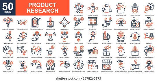 Product Research icon collection set. Product management, development, Inventory management, supply chain management, product idea icon. Simple line color vector.