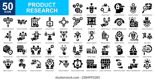 Product Research icon collection set. Product management, development, Inventory management, supply chain management, product idea icon. Simple glyph vector.