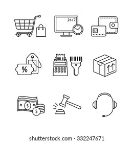 Product retail business, internet commerce and shopping thin line art icons set. Modern black symbols isolated on white for infographics or web use.