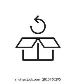 Product return vector icon featuring an open cardboard box with a circular return arrow above it. Ideal for representing item exchanges, refund policy, reverse logistics, and ecommerce order returns.