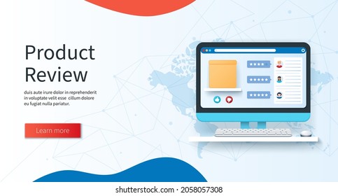 Product review concept. Comments from users reviewing the product on a laptop screen. Computer with box. Web vector illustrations in 3D style