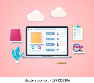 Product review design template. Comments from users reviewing the product on a laptop screen. Computer with box. Web vector illustrations in 3D style