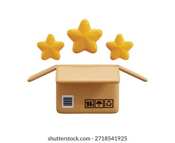 Icono de la revisión del Producto Concepto 3D del render de la caja abierta del paquete de la cartulina con la etiqueta de la cinta y la Ilustración vectorial del icono de tres estrellas doradas