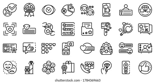 Conjunto de iconos de revisión del producto. Conjunto de esquemas de iconos vectoriales de revisión de productos para diseño web aislados en fondo blanco