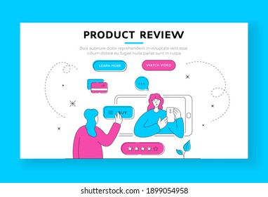 Product review landing page banner template. Contemporary female customer watching video review and buying smartphone with good rating in online shop. Flat style illustration, thin line art design