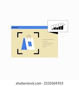 Product Review Page With Shopping Bag And Data Growth Chart In Flat Vector Illustration Symbolizing E Commerce, Online Shopping, And Business Analytics, Isolated On White Background