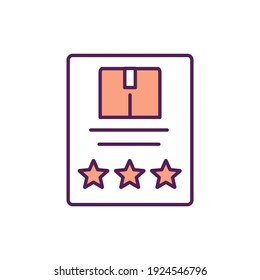 Product review RGB color icon. Order value. Customer satisfaction. Client experience feedback. Smart shopping tips. Marketing service. Commerce and retail. Isolated vector illustration