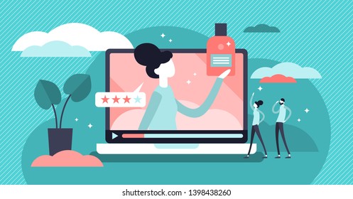 Product review vector illustration. Flat tiny feedback rate persons concept. Quality analysis process for customer choice satisfaction. Online promotion presentation results with sale experience stars