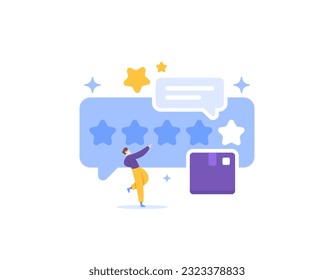 Product reviews or customer reviews. consumer comments. customer feedback service on product quality. customer satisfaction levels. A man gives the star rating. illustration concept design. vector