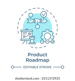 Icono de concepto de hoja de ruta de Producto. Planificación ágil de proyectos, corporativa. Hitos de progreso. Ilustración de línea de forma redonda. Abstractas idea. Diseño gráfico. Fácil de usar en infografía, presentación