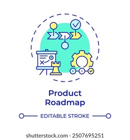 Producto roadmap icono de concepto multicolor. Planificación ágil de proyectos, corporativa. Hitos de progreso. Ilustración de línea de forma redonda. Abstractas idea. Diseño gráfico. Fácil de usar en infografía, presentación