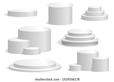 The product is a round and cylindrical podium in one and several tiers. Set of vector podiums for mockups, exhibitions and presentations. Isolated on white, realism style.