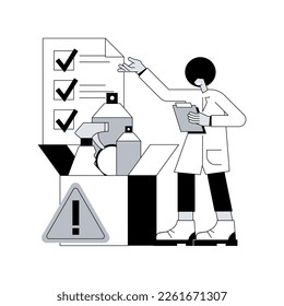 ilustración vectorial de concepto abstracto de seguridad de productos. Comisión y regulación de seguridad, ensayo y certificación de productos, proceso de control de calidad, material peligroso, metáfora abstracta de conformidad.