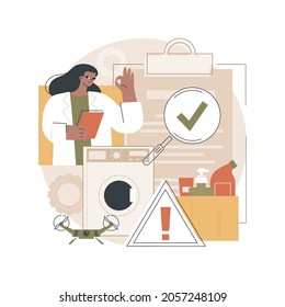 Product safety control abstract concept vector illustration. Manufacturing equipment, product testing and inspection job, protection sign, information label, laboratory check abstract metaphor.
