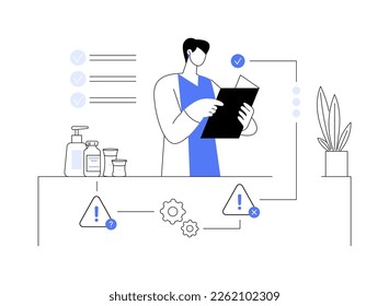 Product safety control abstract concept vector illustration. Manufacturing equipment, product testing and inspection job, protection sign, information label, laboratory check abstract metaphor.