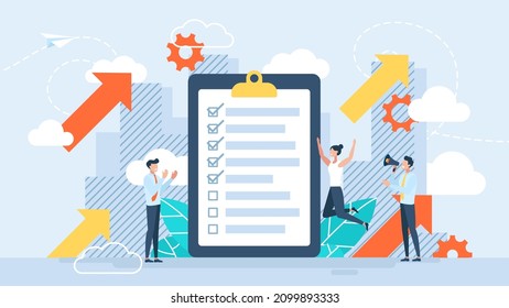 Product satisfaction research. The concept of success. Quality control of products and services. Performance evaluation. The joy of achievement. Teamwork. Vector flat business illustration.