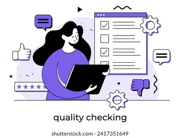 Product satisfaction research, Quality control of products and services, Performance evaluation, Checklist, complete tasks, to-do list, Survey of customer satisfaction concept flat illustration