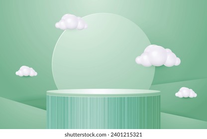 Product scene round podium with geometry platform and cloud pastel green background for cosmetic product presentation mockup show