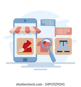 Concepto de Búsqueda de Producto en el comercio electrónico móvil. App de comercio electrónico móvil, Compras en línea. sitio de tienda en línea. Catálogo de ropa. Tienda y Búsqueda de productos en la página. Compra a través de Internet.