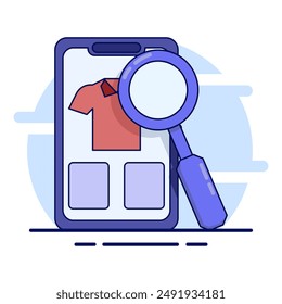 Product Search concept in mobile e-commerce. Mobile Ecommerce App, Online Shopping. online shop site. Clothing catalogue. Shop and Search for products on the page. Buy via the internet.