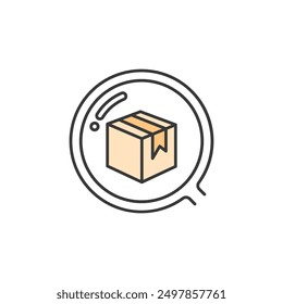 Product search icon. Picture of package product under magnifying glass. Illustration that refers of activity of searching for specific item or product based on interest and need. 