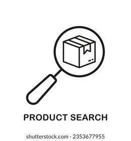 Product Search Line Icon. Box with Magnifier Linear Pictogram. Warehouse Inventory, Find and Identify Parcel Outline Symbol. Shipping Information Sign. Editable Stroke. Isolated Vector Illustration.