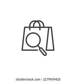 Icono de línea de búsqueda de producto. signo de estilo lineal para concepto móvil y diseño web. Bolsa de compras e icono del vector de contorno de la lupa. Símbolo, ilustración del logotipo. Gráficos vectoriales